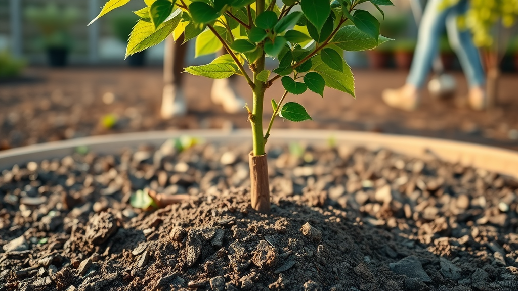 Vivid young tree freshly planted with healthy root system and mulch base, showing essential planted tree care routines