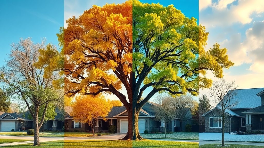 Seasons montage of a single large tree with healthy canopy in spring, lush summer, golden autumn, and snow-dusted winter, changing landscape background, panoramic, vibrant color.