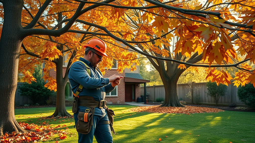 lush backyard with mature autumn trees, homeowner in safety gear examining branches for trimming, fall tree trimming tips, warm morning sunlight