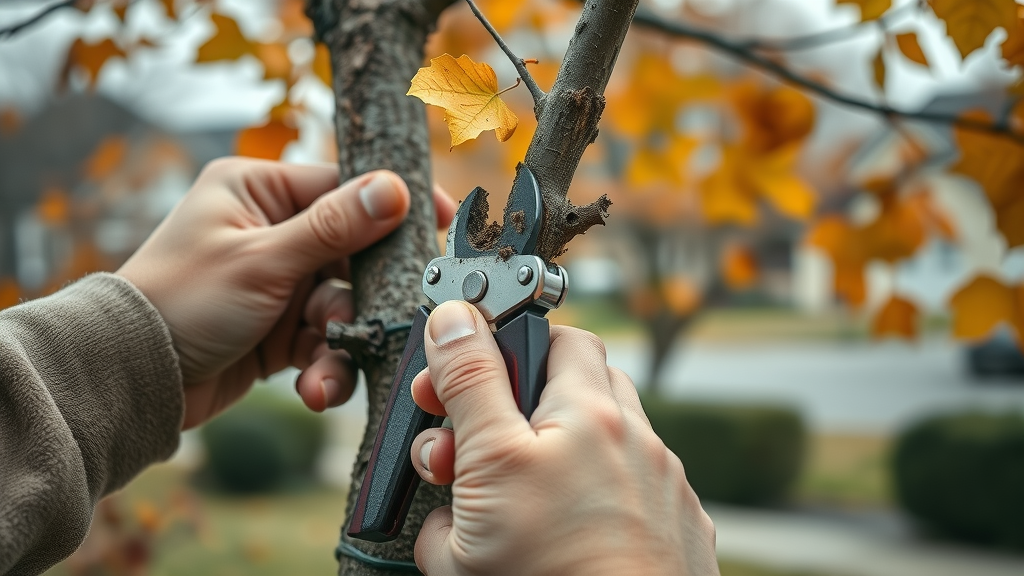 close-up of pruning shears cutting dead branch on autumn tree, careful hands with sterilized tools, fall tree trimming tips, detailed bark texture