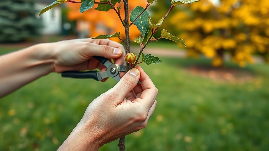 young tree with support stake, precise pruning cut above a bud, fall tree trimming tips, close-up on healthy cut, soft green and autumn colors