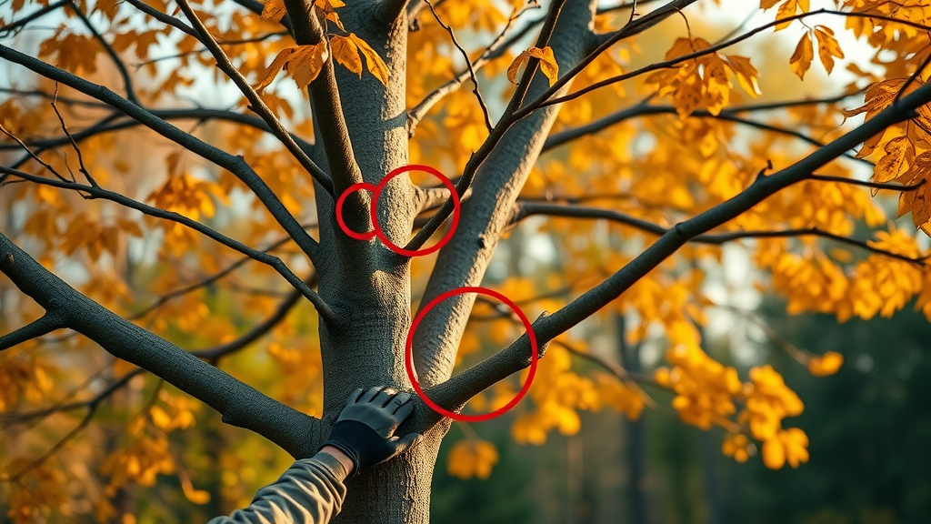 deciduous tree with main leader and crossing branches, arborist indicates areas not to cut, fall tree trimming tips, clear focus on branch junctions