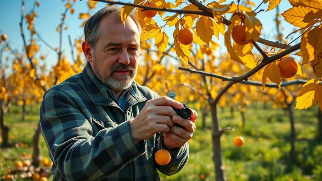 orchard of fruit trees in autumn, gardener pruning for winter preparation, fall tree trimming tips, golden foliage, healthy pruned branches, blue fall sky