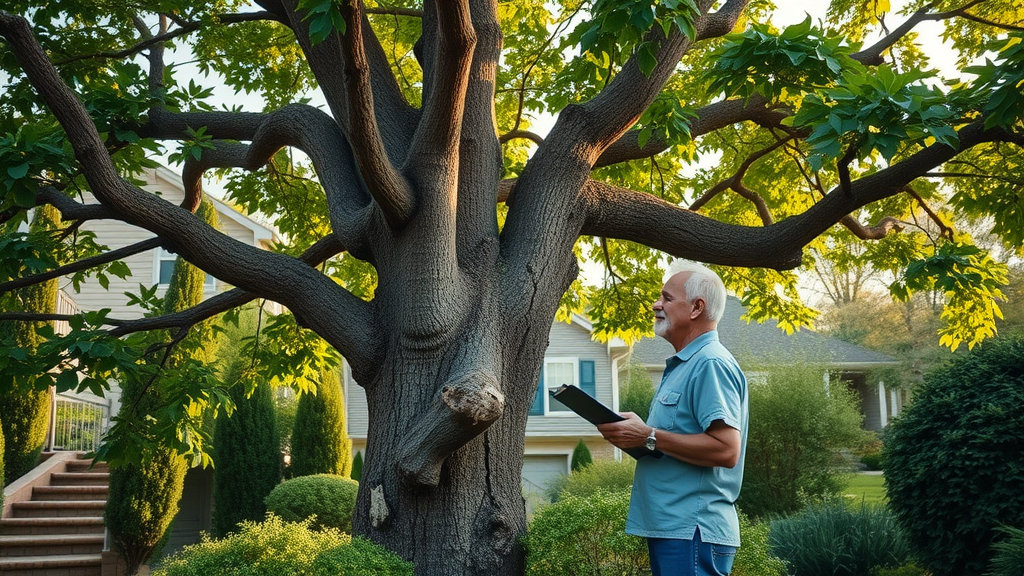 mature tree with visible storm damage, homeowner with clipboard and camera documenting pruning needs, fall tree trimming tips, landscaped garden