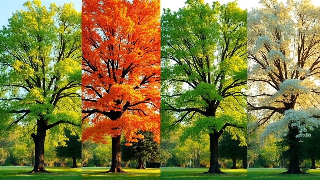 Vibrant mature trees in different seasonal stages, healthy lush foliage, displaying resilience, park landscape transitioning from spring to winter showing clear differences, highly detailed, subtle breeze moving leaves, soft natural colors, golden hour lighting, shot with a wide-angle lens.