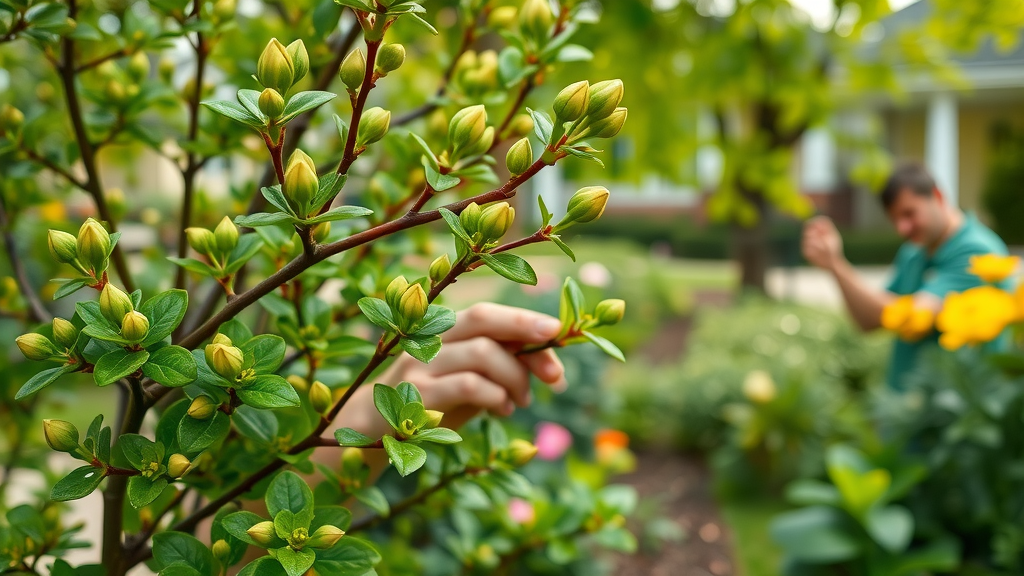 Lush green trees with fresh budding leaves, appearance of vitality, gardener inspecting branches and spreading mulch, lively suburban garden background with flowers, highly detailed, soft dew on leaves, vibrant spring greens, morning diffused sunlight, macro lens.