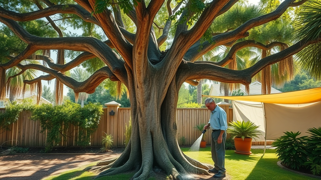 Stately old tree in midsummer, drooping slightly, signs of heat stress, arborist watering roots, suburban backyard with garden hoses and shade cloth, highly detailed, shimmering heat waves, neutral earthy colors, overhead noon sunlight, standard lens.