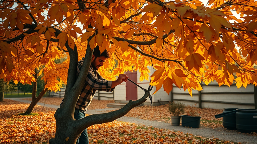 Golden-leaved tree with falling leaves, tranquil expression of readiness, gardener pruning branches, autumn landscape with leaf-littered ground and rustic setting, highly detailed, drifting leaves, warm amber and burgundy tones, gentle soft sunset light, telephoto lens.