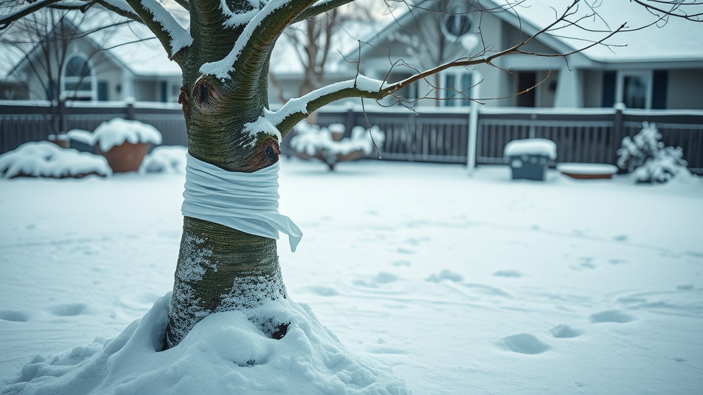 Young tree with trunk wrapped, snow blanketing the ground, serene mood, person gently clearing snow from branches, suburban backyard dusted in fresh snow with visible footprints, highly detailed, snowflakes in air, cool blue and white shades, crisp wintry morning light, portrait lens.