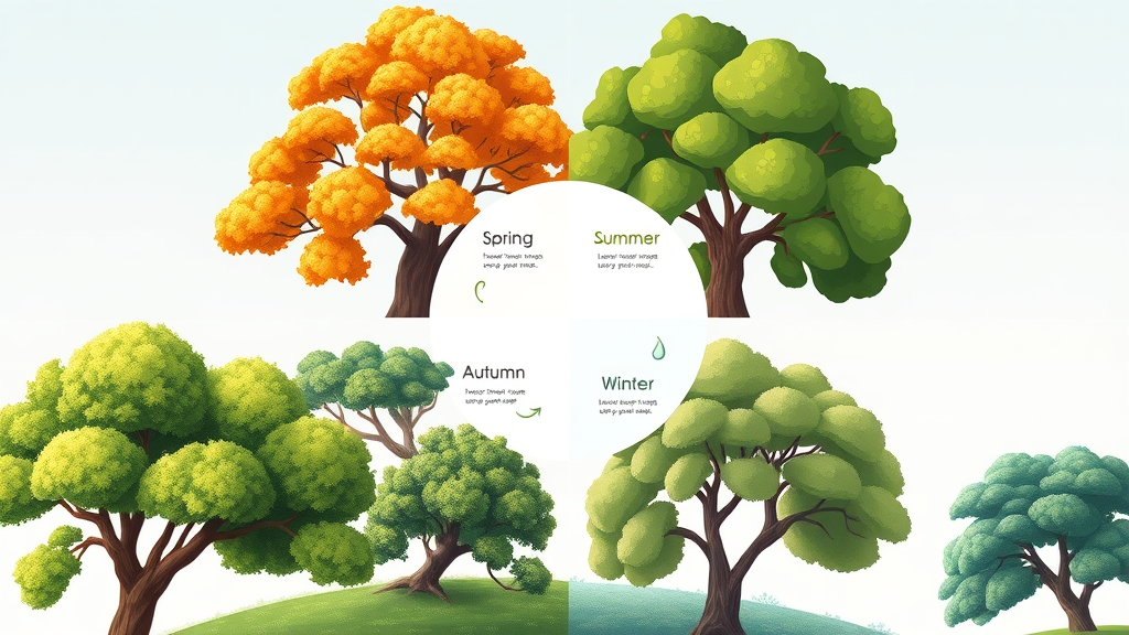 Healthy trees of different types throughout the year, symbols of seasonal change, circular infographic layout showing four seasonal tree segments (spring, summer, autumn, winter), highly detailed, dynamic icons like raindrops and sunshine, rich diverse palette, balanced soft lighting, 2D cartoon.