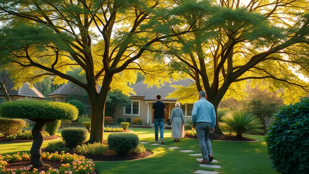 Beautiful, well-maintained landscape garden with radiant healthy trees, a sense of harmony and longevity, family admiring view, cinematic, peaceful residential yard in late afternoon, highly detailed, petals and birds in dynamic movement, soft natural colors, warm gentle sidelighting, 35mm lens.