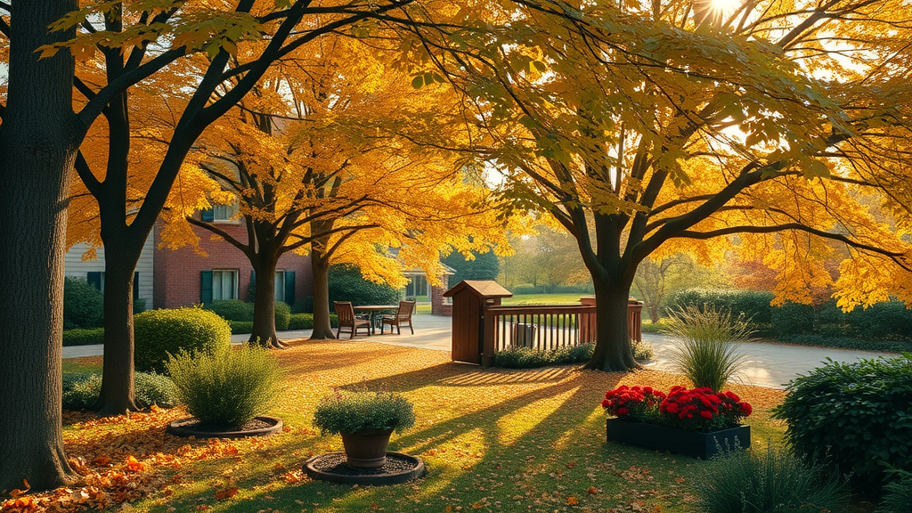 serene autumn garden with healthy mature trees, sunlight filtering through turning leaves, and tidy flower beds - tree pruning in autumn