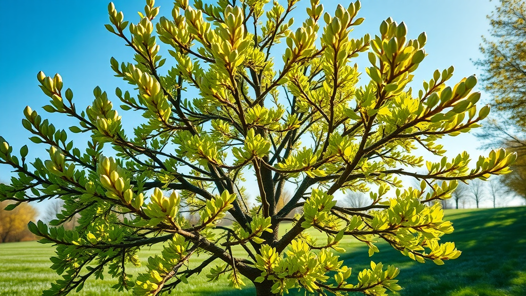 vigorous deciduous tree with lush new buds pointing to promising spring growth - tree pruning in autumn