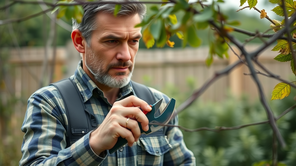 focused homeowner inspecting tree with clean pruning shears, ready for autumn pruning - tree pruning in autumn