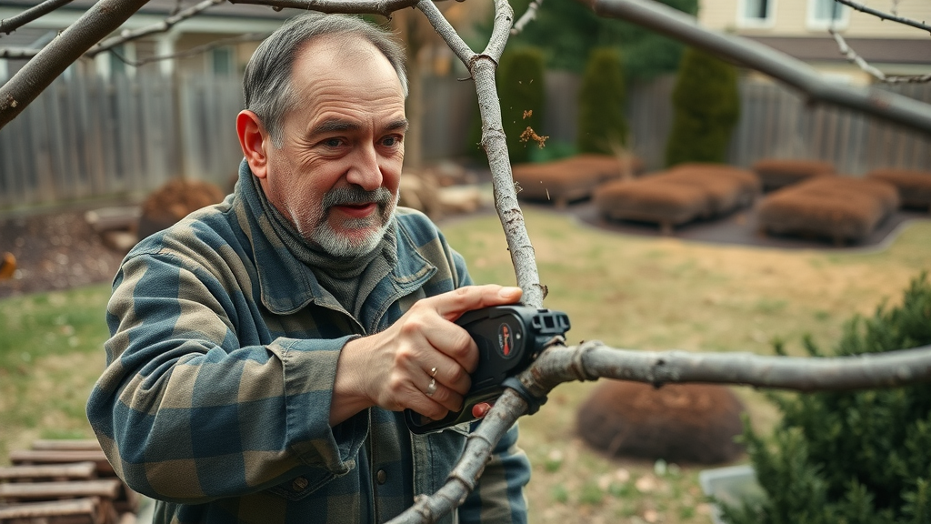 experienced arborist demonstrating precise pruning cut on tree branch - tree pruning in autumn