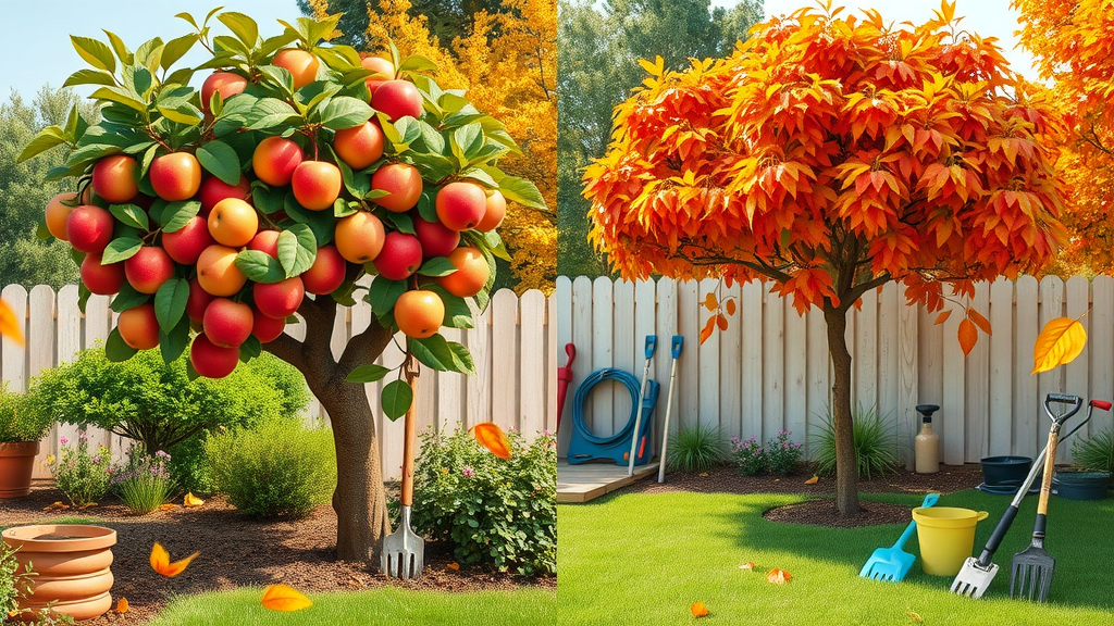 side-by-side garden with professionally pruned fruit tree and ornamental tree, vibrant autumn colors - tree pruning in autumn