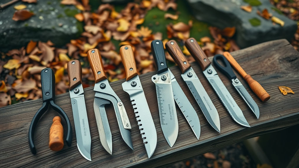 collection of clean, sharpened pruning tools arranged for autumn work - tree pruning in autumn