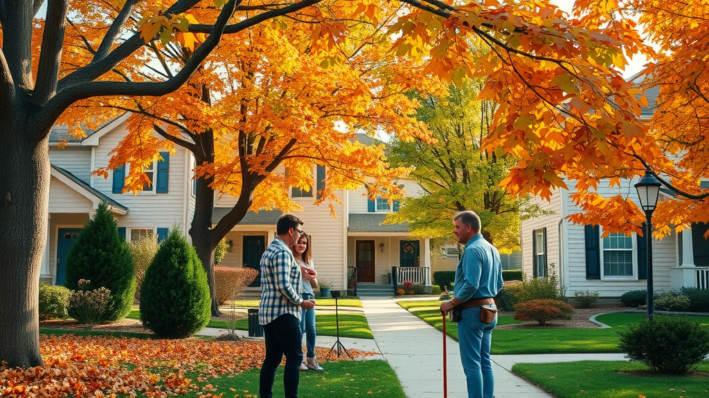 Vibrant autumn suburban neighborhood with healthy trees, freshly pruned branches and a professional arborist—benefits of fall tree trimming