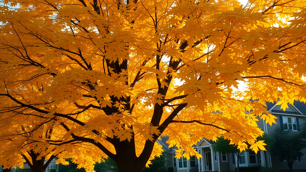 Suburban autumn yard with healthy, freshly pruned trees, professional arborist, and beautiful fall leaves—benefits of fall tree trimming