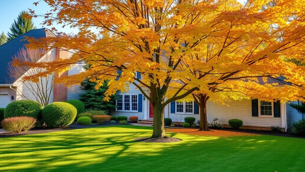 Beautiful yard after tree trimming, healthy balanced trees, golden autumn leaves, and increased curb appeal—benefits of fall tree trimming