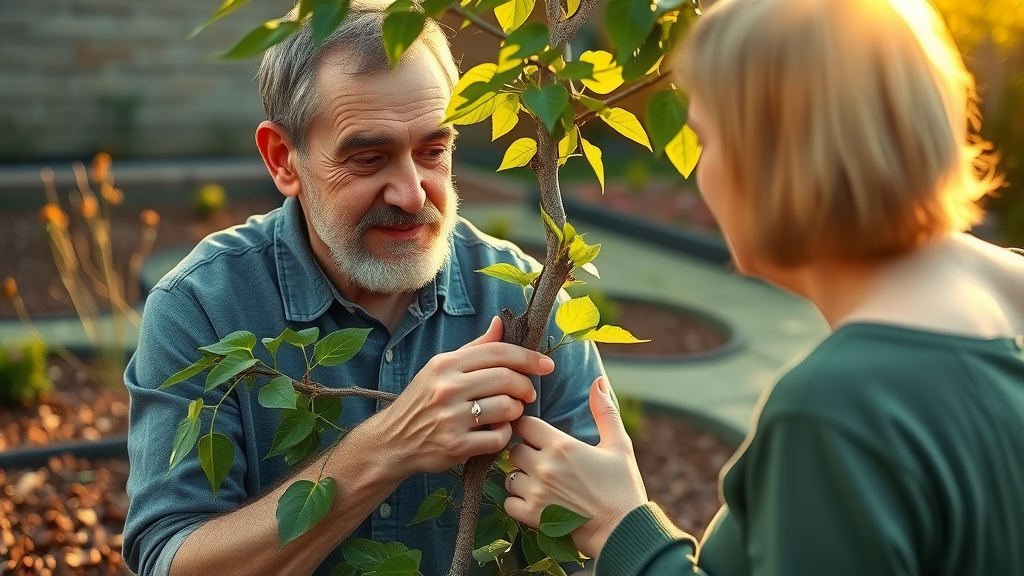 homeowner performs tree health maintenance by inspecting a small healthy tree in a backyard garden