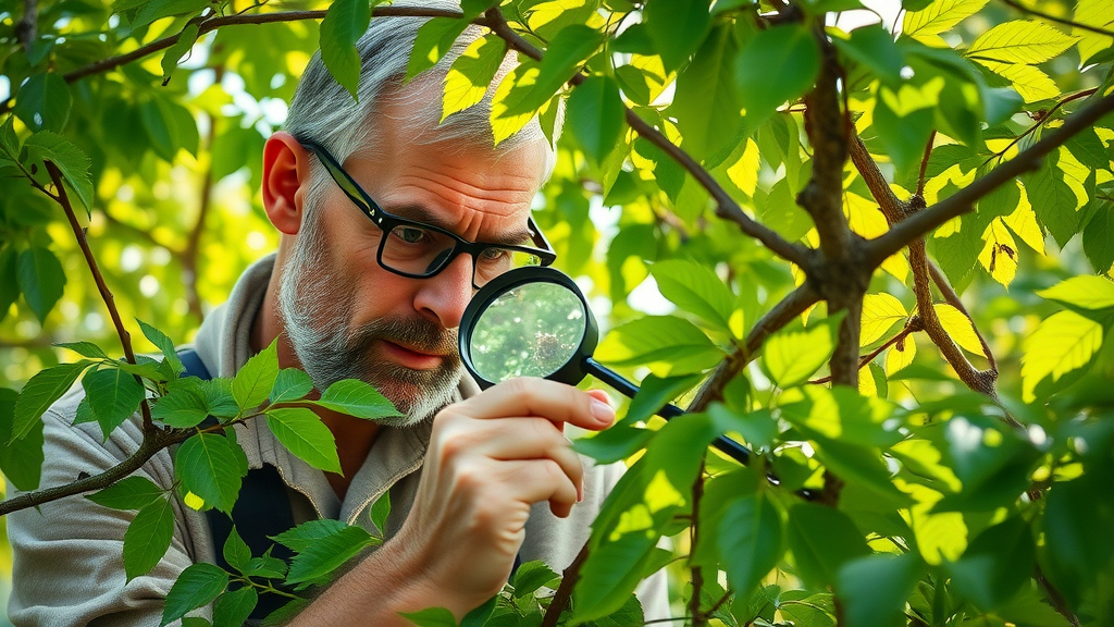 certified arborist inspecting tree leaves for pests as part of tree health maintenance and pest control