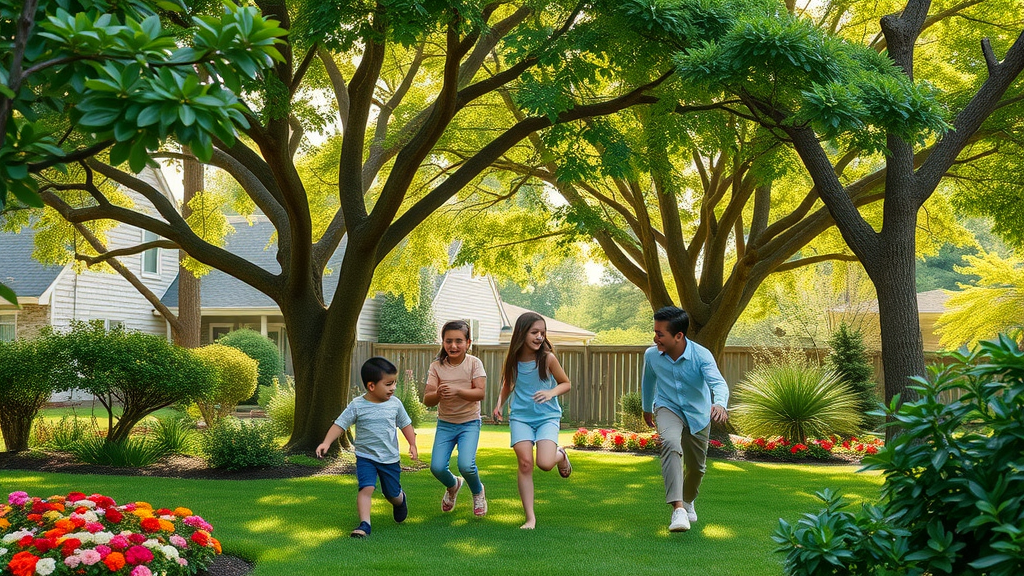 lush family yard with mature and young trees thriving from effective tree health maintenance