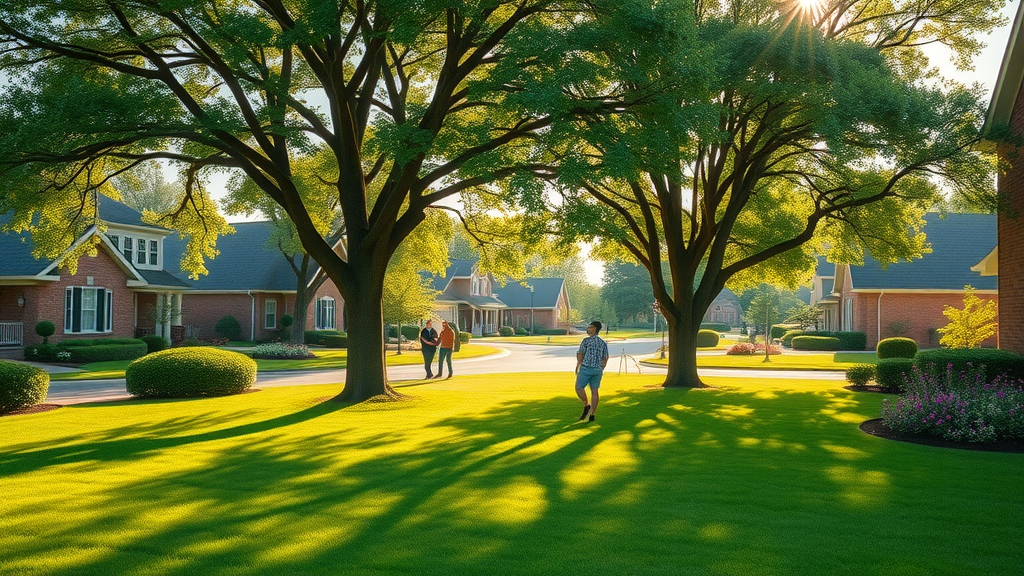 lush residential landscape with healthy mature trees and vibrant green grass, tree health maintenance, suburban neighborhood, natural sunlight