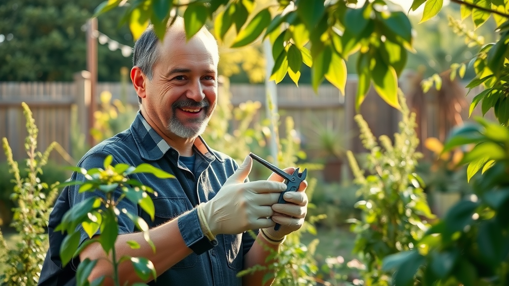 happy gardener with gloves inspecting tree health, performing routine tree maintenance, morning light, backyard garden