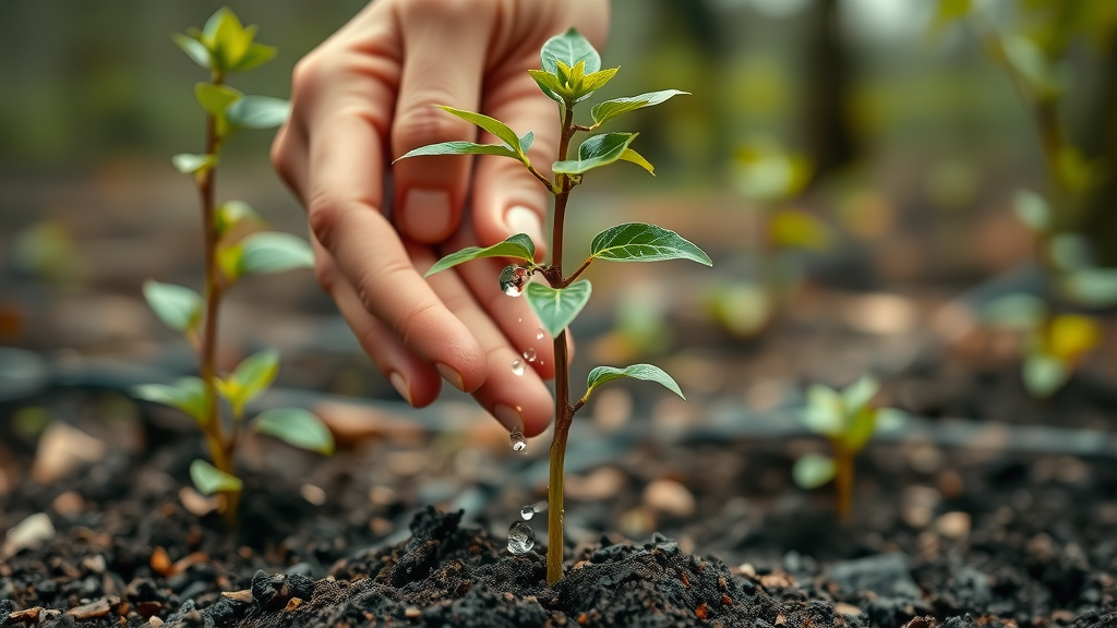 close-up of young sapling tree being gently watered by caring hands, moist healthy root zone, tree health maintenance