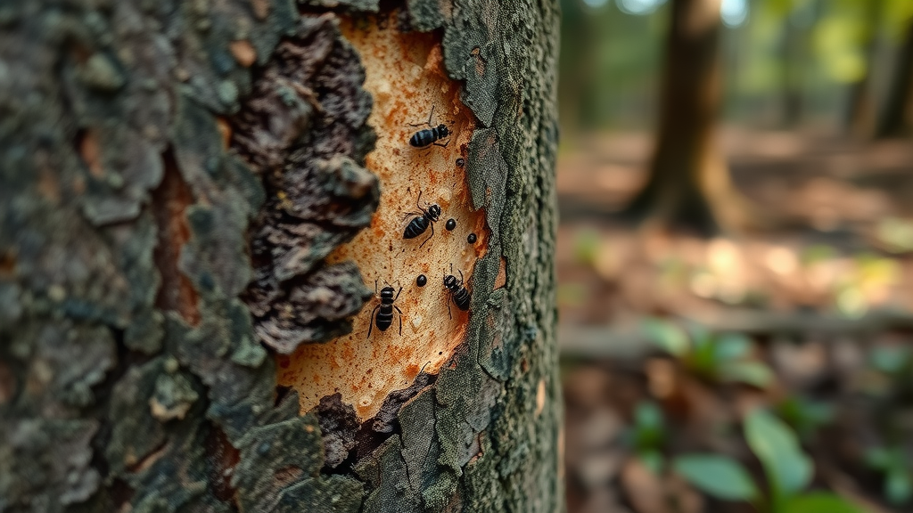 close-up of tree bark showing healthy bark next to pest infestation, tree maintenance, tree pests visible
