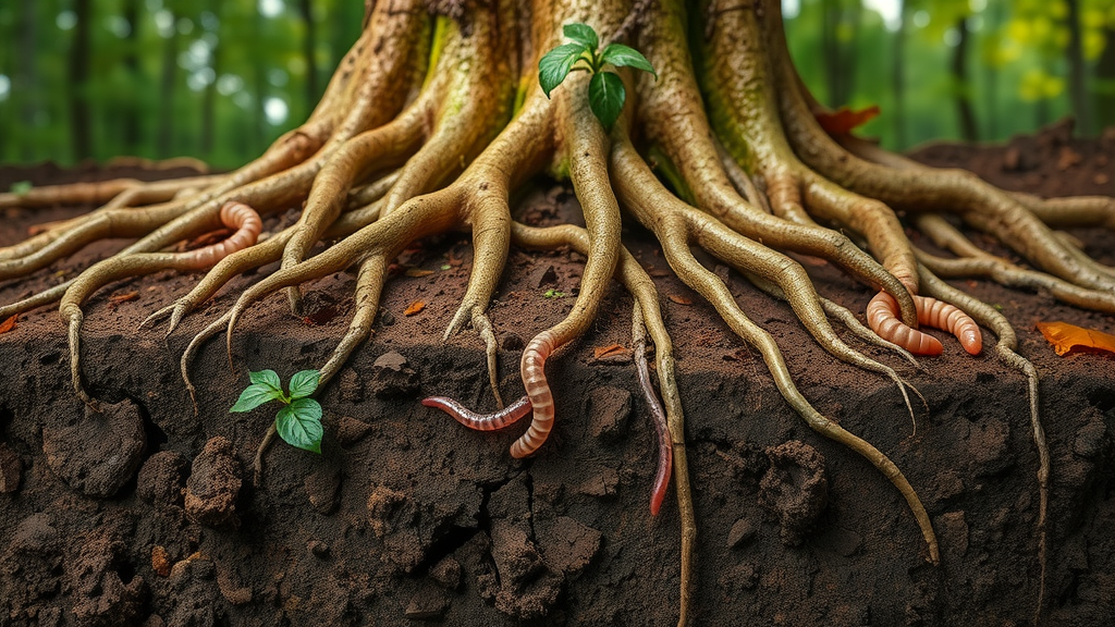 rich healthy soil cross-section with vigorous tree roots and earthworms, optimal for tree root health maintenance