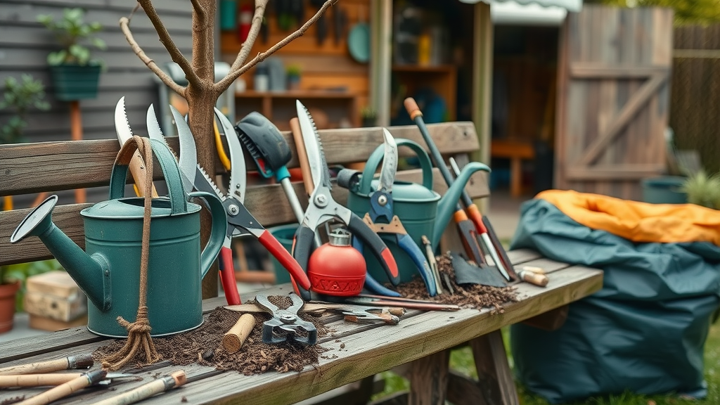 organized tree maintenance tools including pruners, shears, watering can, mulch, compost in a backyard workspace for tree health maintenance