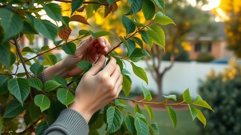 thoughtful homeowner examining tree leaves and branches for signs of health, tree health maintenance, golden hour lighting
