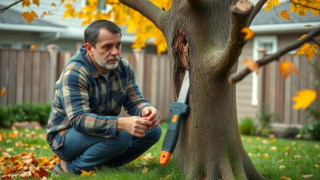 cautious homeowner inspecting damaged tree with wrong pruning tool, worried expression, kneeling next to jagged tree limb, Photorealistic High Fidelity Lifelike, suburban backyard with autumn leaves scattered around, highly detailed, falling leaves in the wind, shallow depth of field, vibrant colors, soft natural lighting, shot with a 50mm lens.