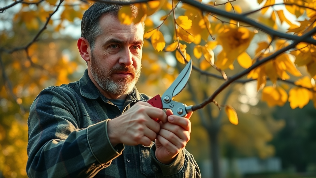 expert arborist using high-end pruning shears, focused expression, demonstrating precise cut on tree branch, Cinematic, park-like setting with trees showing vibrant fall colors, highly detailed, dynamic motion blur of falling branch, crisp focus on tool details, golden hour sunlight, shot with an 85mm lens.