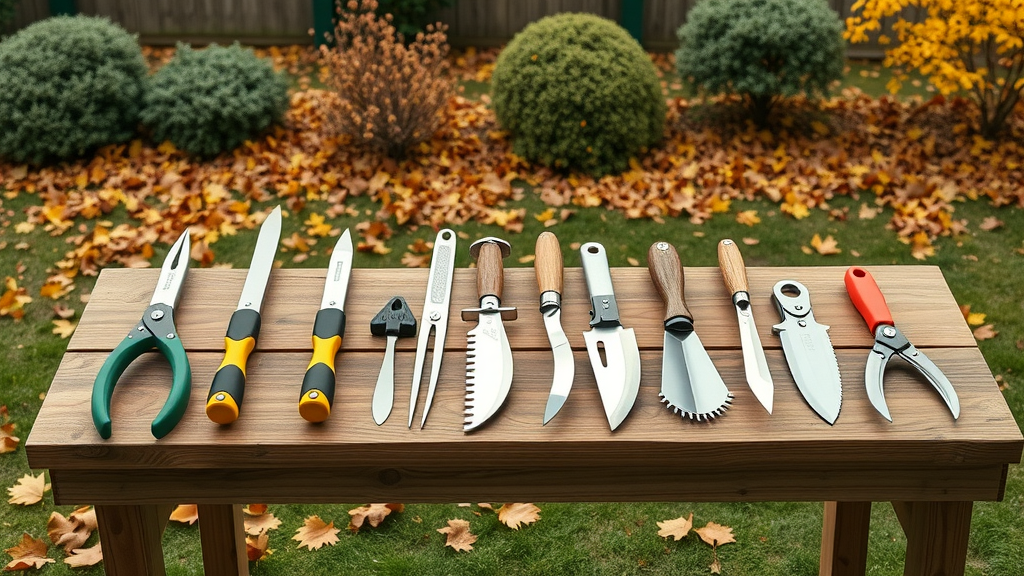 display of modern tree pruning tools on a wooden workbench, clean and organized, tools arranged for comparison, 2D Cartoon, simple autumn garden background with fallen leaves and shrubs, highly detailed, subtle shadows, soft warm lighting, shot with a 35mm lens.