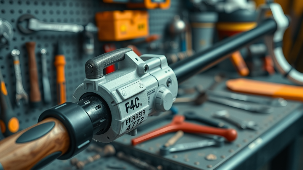 close-up of fiberglass pole pruner, detailed textures, sturdy build and replacement parts, Futuristic Sci_Fi, tool bench with toolboxes and spare parts, highly detailed, metallic reflections, cool color palette, crisp artificial lighting, shot with a macro lens.
