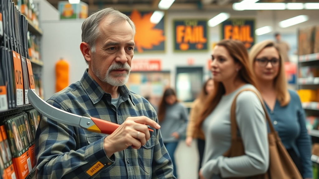 confident homeowner selecting pruning tool from store shelf, thoughtful expression, comparing two tools, Photorealistic High Fidelity Lifelike, hardware store aisle with fall-themed signage in the background, highly detailed, slight motion blur on shoppers, natural daylight from windows, shot with a 50mm lens.
