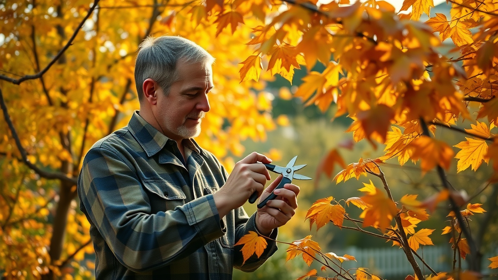 Gardener trimming trees in fall with clean shears, vibrant autumn leaves and healthy landscape, how to trim trees in fall