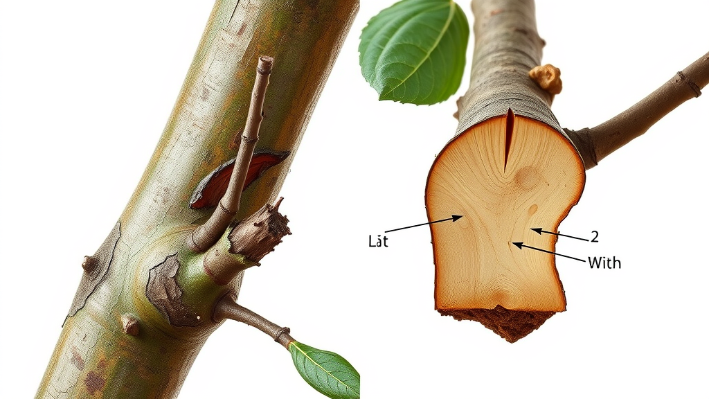 Healthy tree branch with correct pruning cut and branch with improper cut; detailed bark textures, how to trim trees in fall