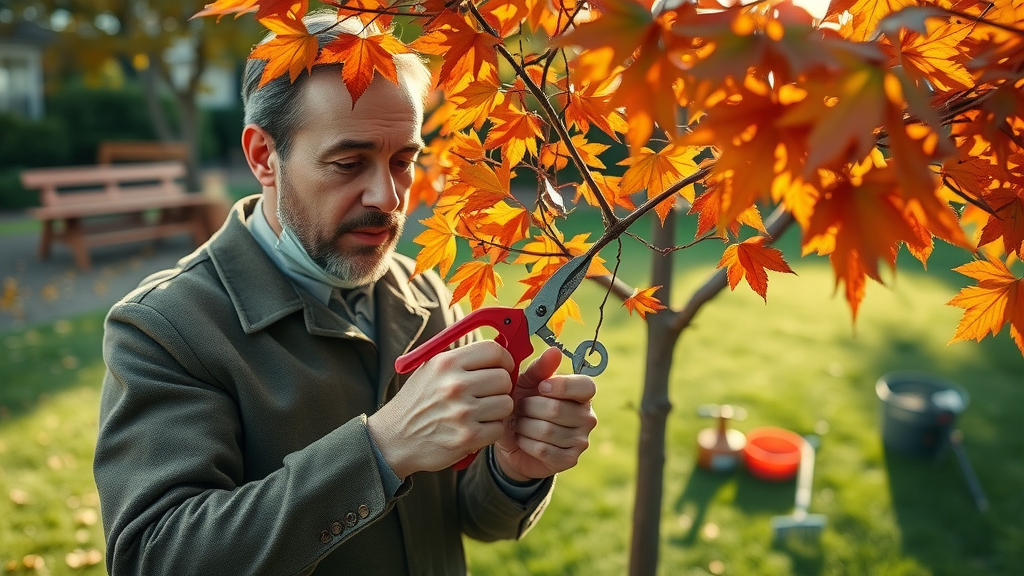 Arborist making clean pruning cut on maple branch in fall, tree pruning best practices, healthy autumn foliage