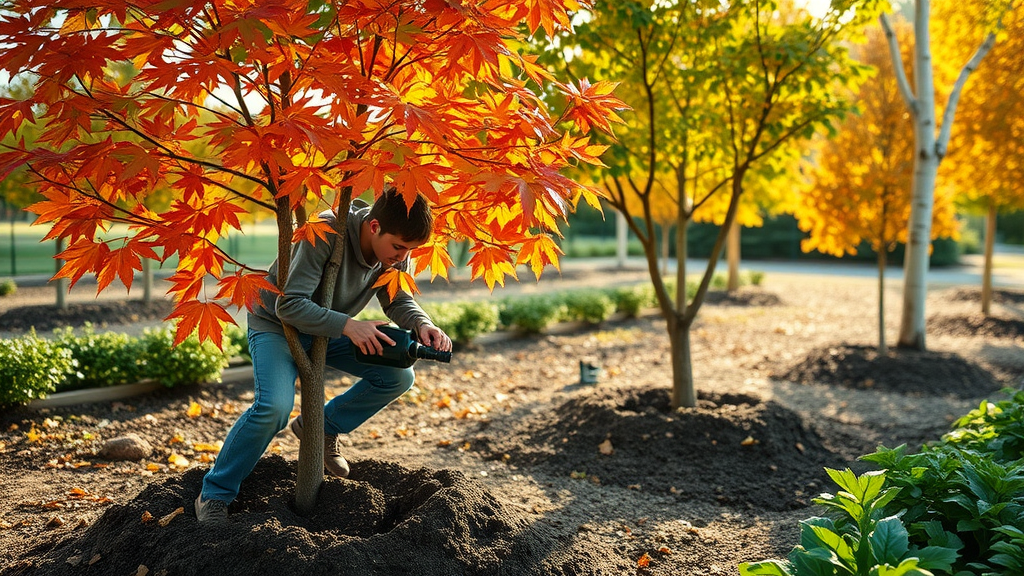 Healthy, pruned maple and birch trees in fall, applying mulch and water for post-pruning care, how to trim trees in fall