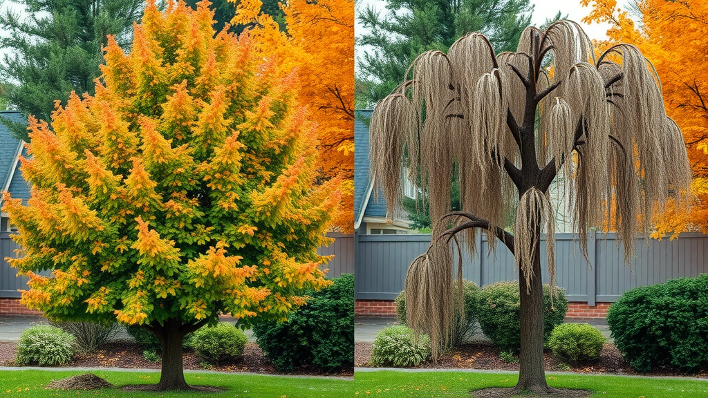 Split-screen of thriving tree pruned in fall versus stressed, mishandled tree; proper vs improper how to trim trees in fall