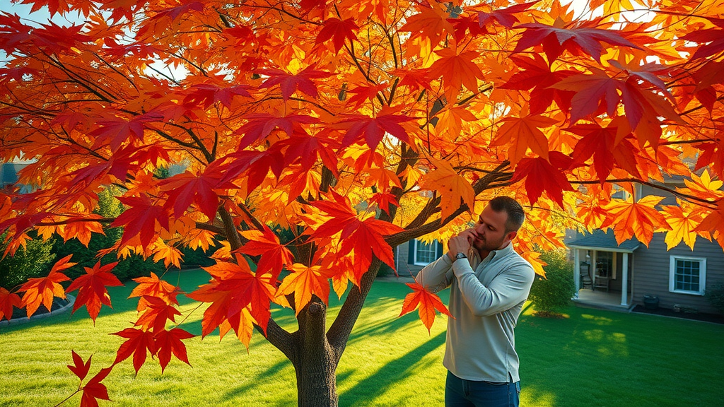 fall tree maintenance, arborist examining branches of maple tree with vibrant autumn leaves