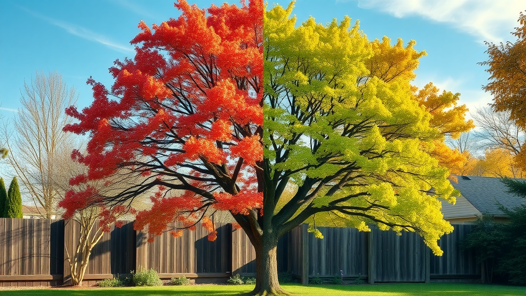 fall tree care contrasting four seasons, autumn foliage versus bare winter branches and summer greens