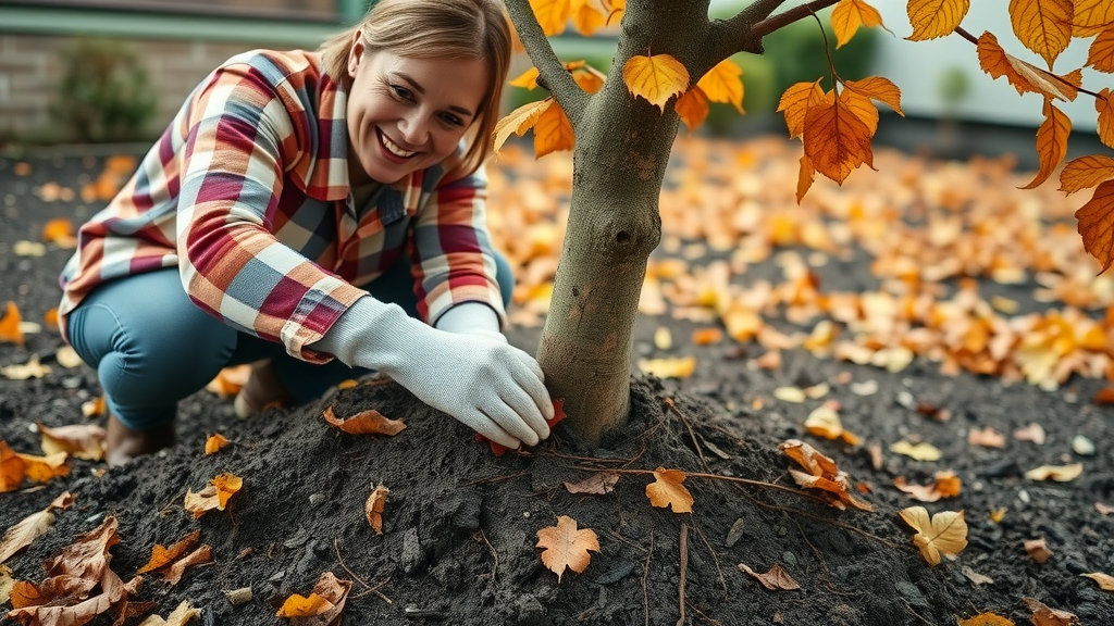 homeowner mulching base of tree for fall tree care, showing healthy garden and late autumn leaves