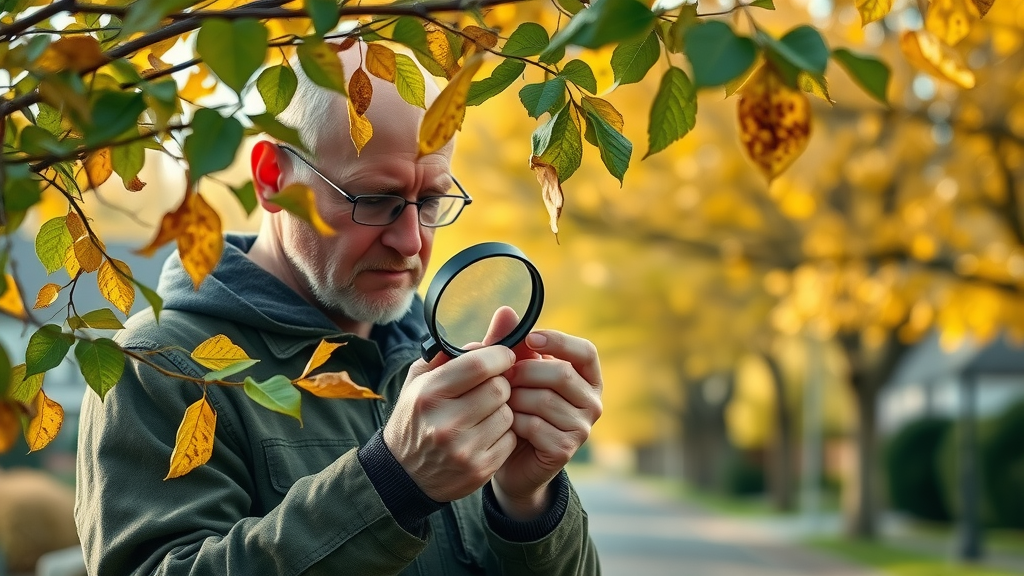 certified arborist inspecting fall tree branches for pests and disease during fall tree maintenance