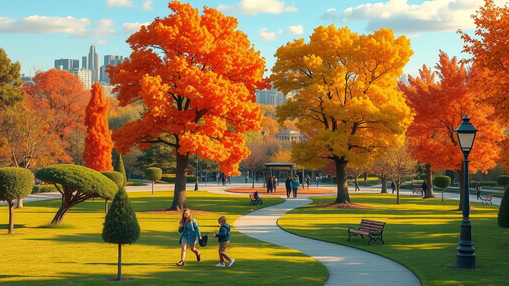 fall tree maintenance enhancing fall color in urban park setting with pruned and mulched diverse trees
