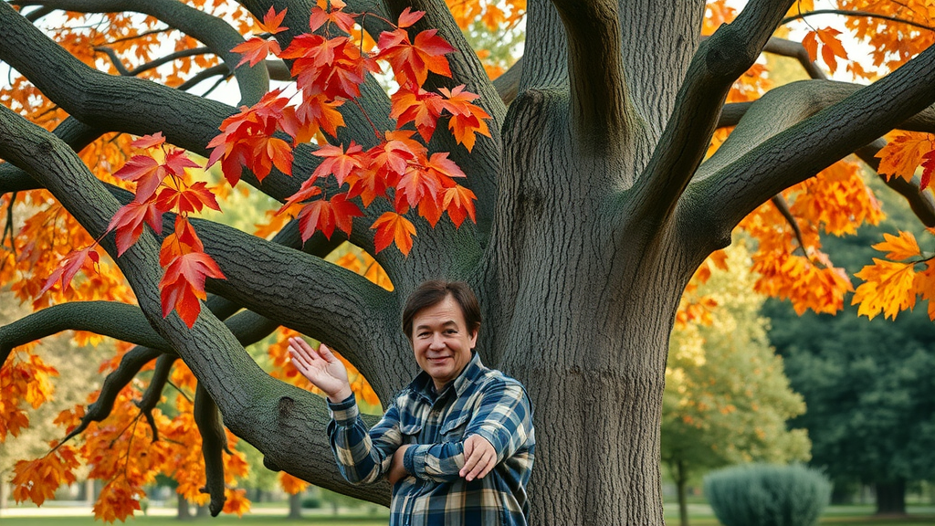 certified arborist showing off healthy oak tree, best fall tree maintenance practices, community park setting